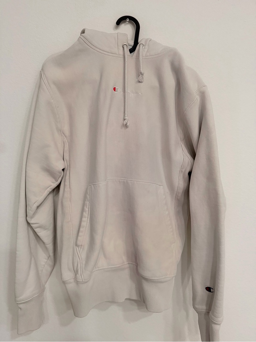 Champion Reverse Weave Small Cream Hoodie with Blue Logo